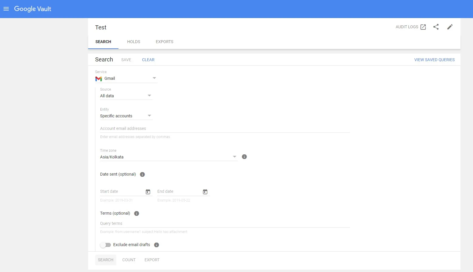 Google Vault Configure Search Criteria